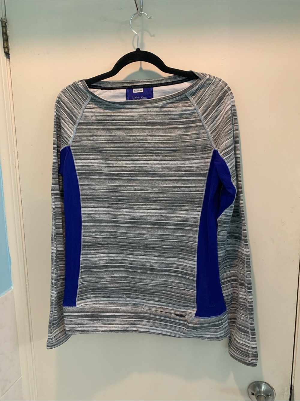 Calvin Klein Performance Gray Striped Long Sleeve Top with Blue Panels